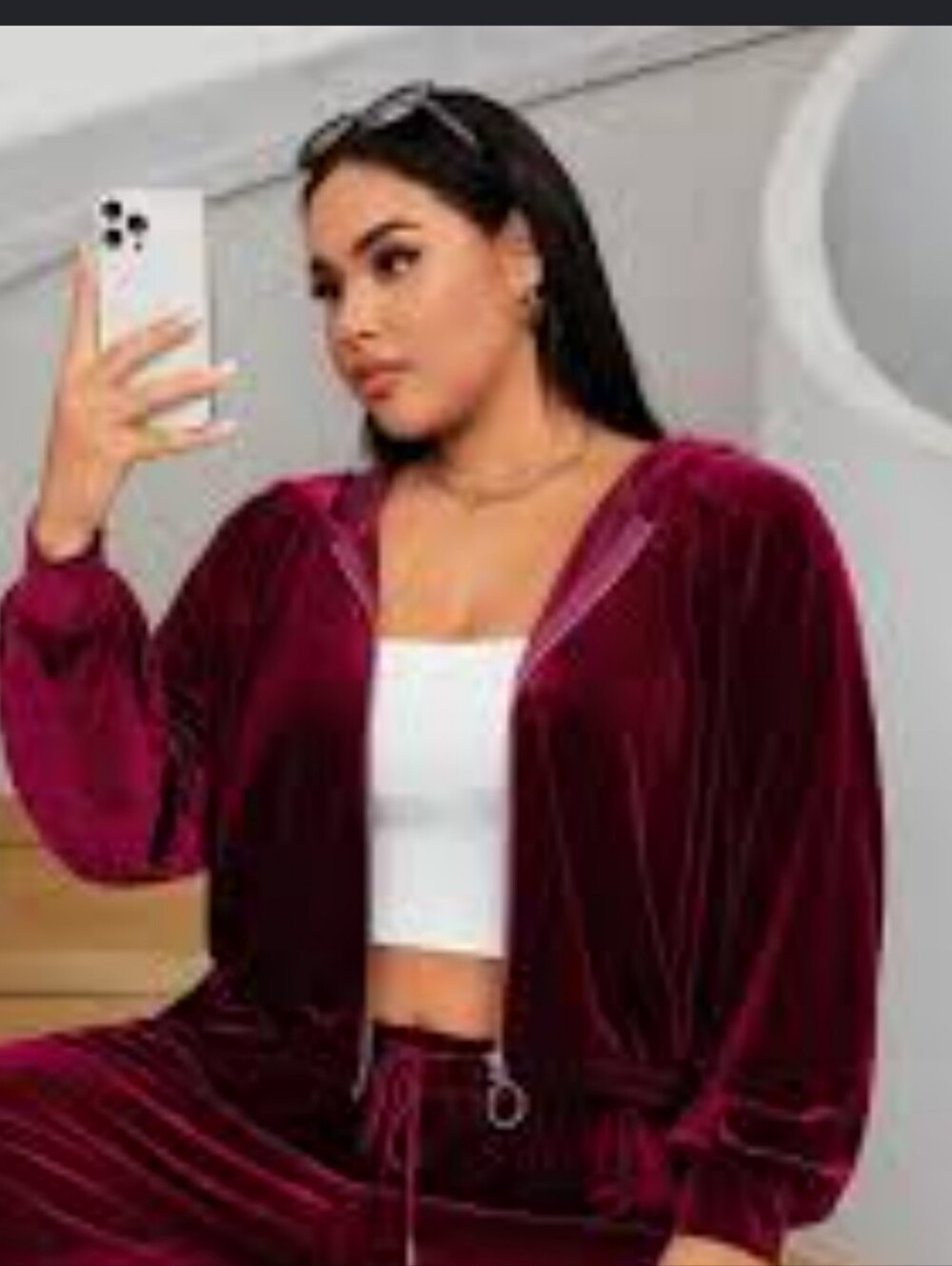 Shein Curve Burgundy Velvet Zip Hoodie Jacket Size 2XL